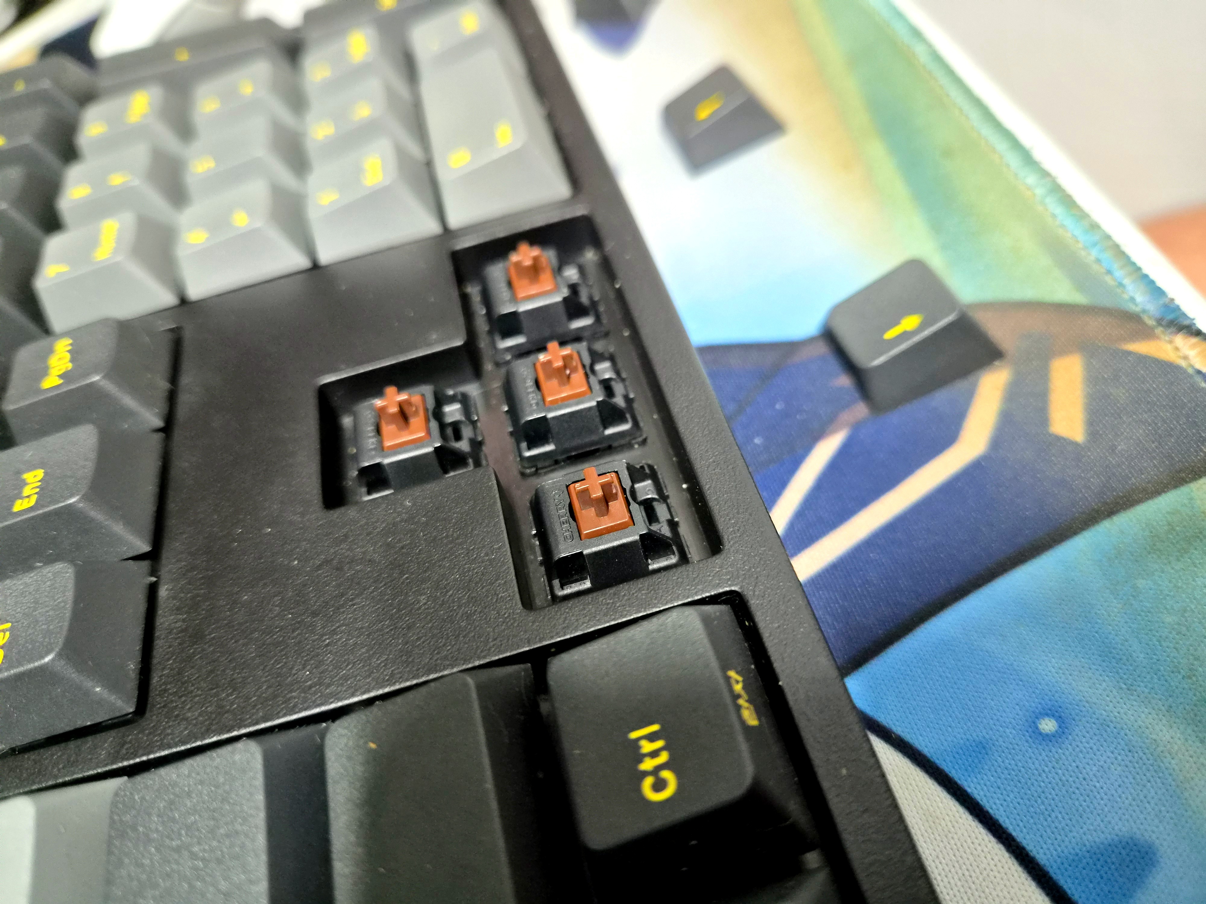 레오폴드 FC900RBT 키캡을 분리해 드러난 Cherry 갈축 스위치 클로즈업